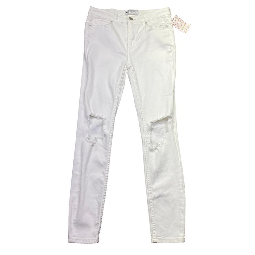 Free People White Distressed Skinny Jeans High Rise Blown Out Knee Sz 26 NWT